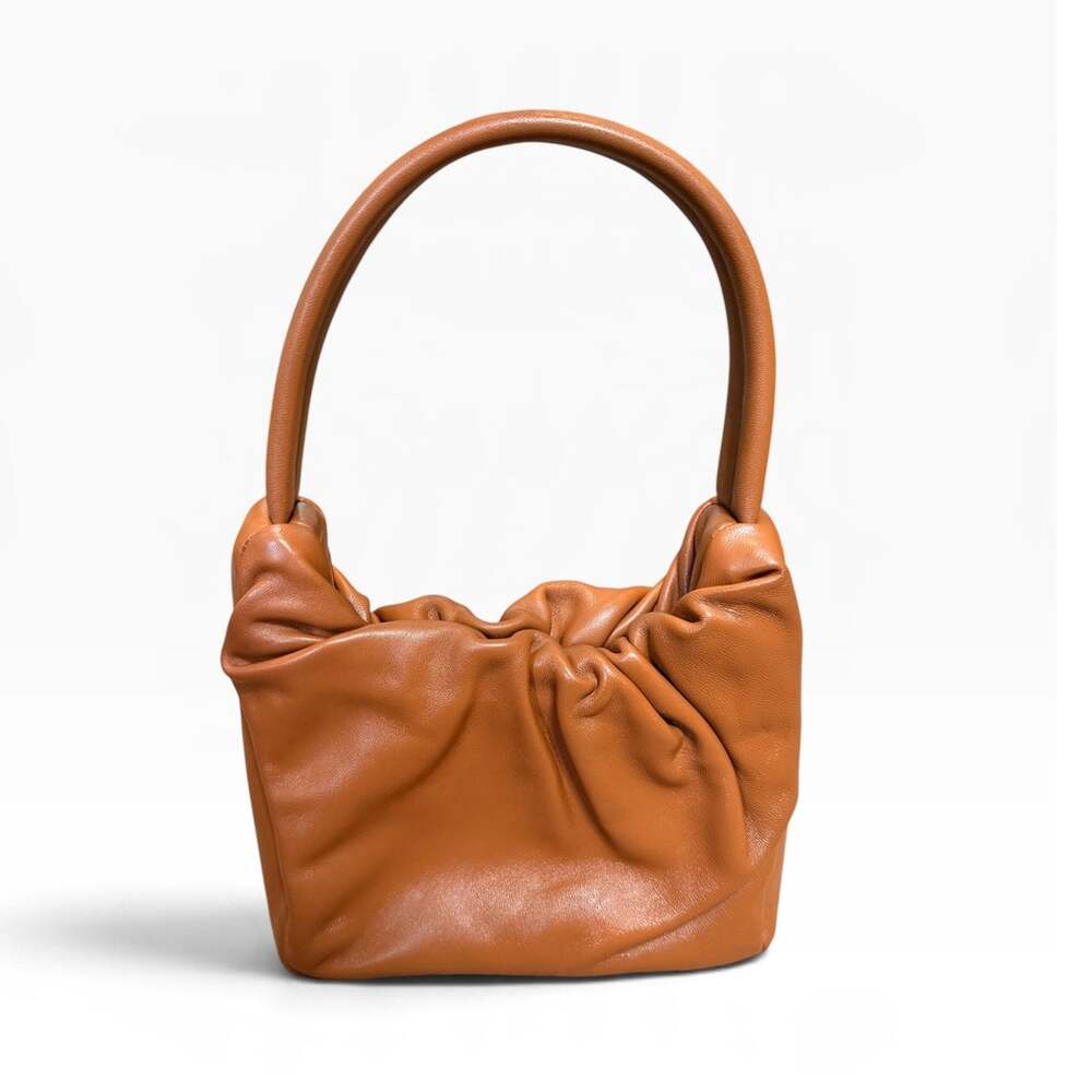STAUD Felix Tan Nappa Leather Ruched Shoulder Bag Dust Bag